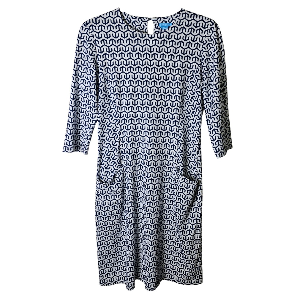 J.McLaughlin M Sheath Dress White Blue Geometric Print Pockets‎ Catalina Cloth